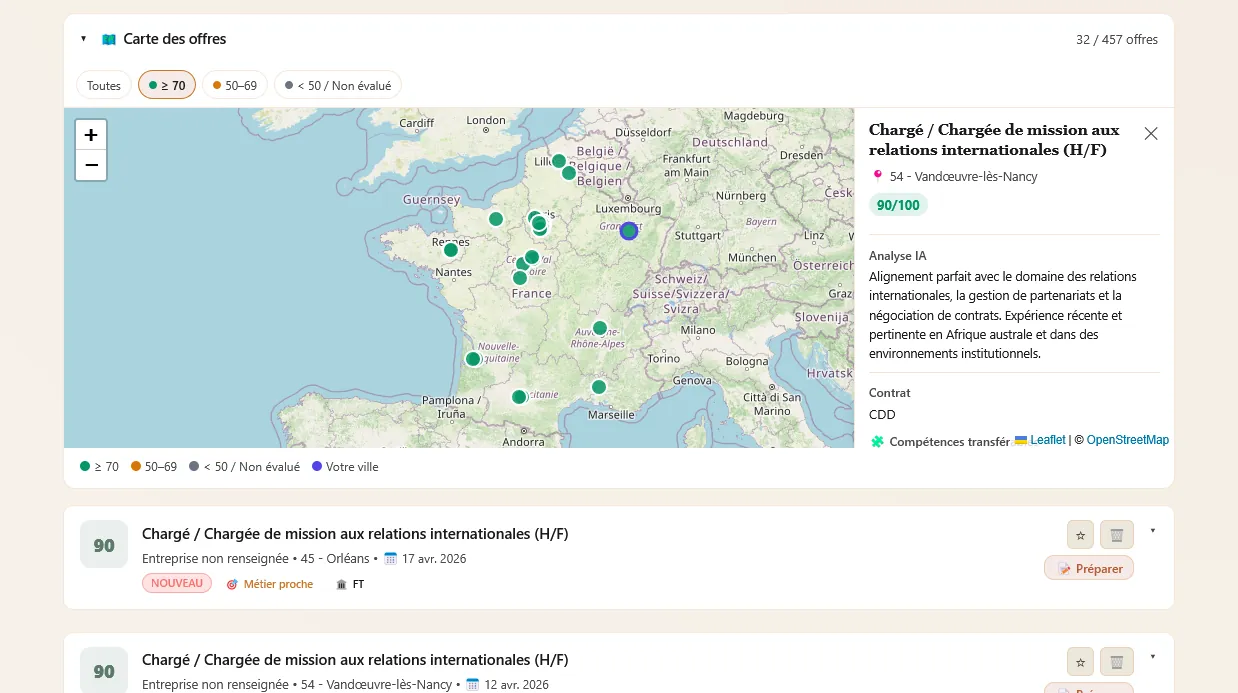 Dashboard de l'application CVScope priorisant les offres d'emploi grâce au matching d'intelligence artificielle